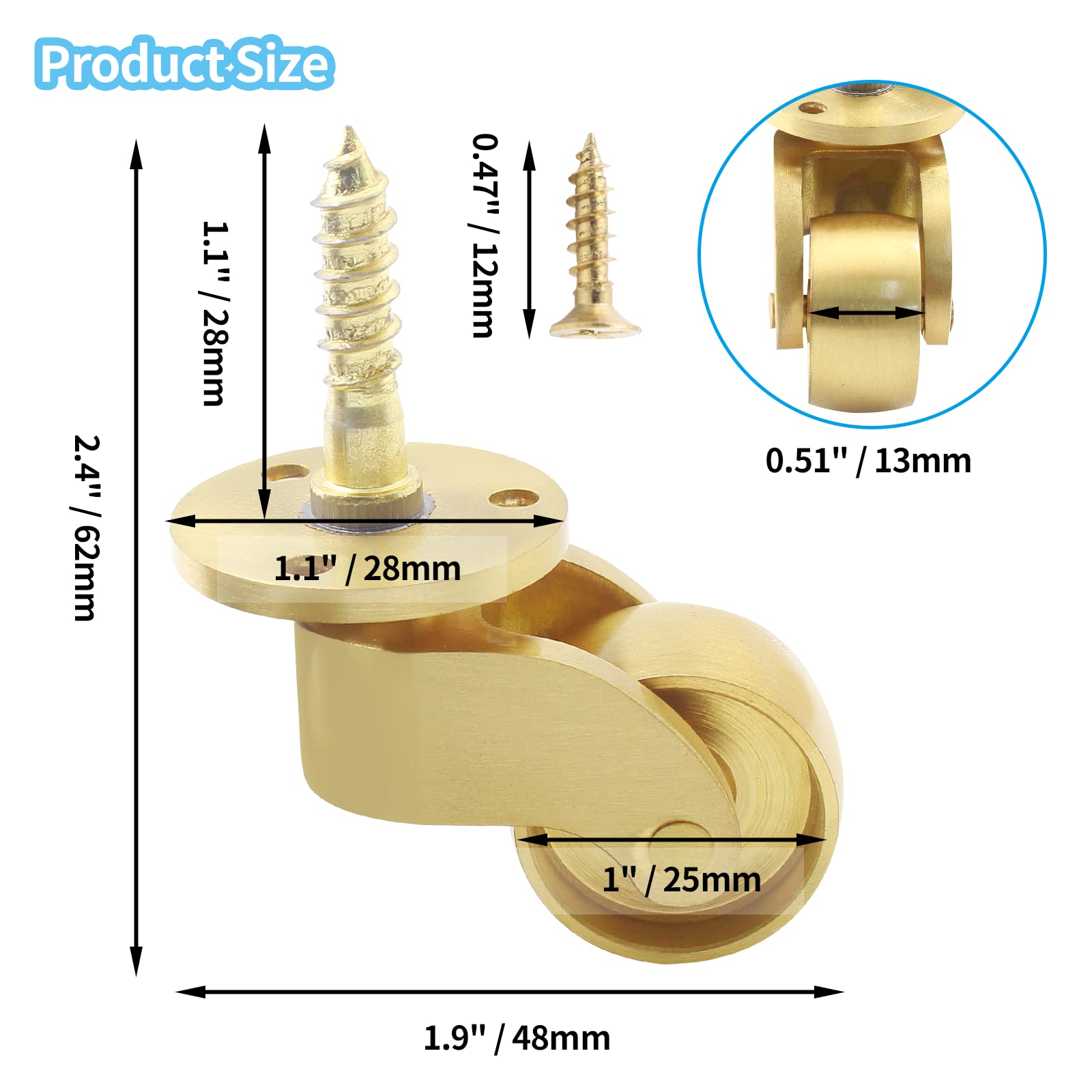 25mm Castor Brass Caster Wheel Swivel Vintage Chairs Cabinet Bed Furniture Wheels Brass โ image 3