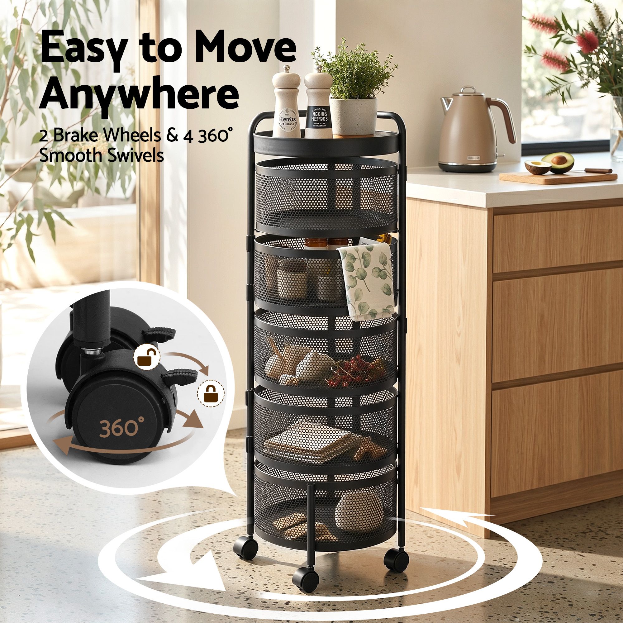 Artiss Storage Trolley Kitchen Cart 5 Tiers Storage Rack Round Basket Black โ image 6