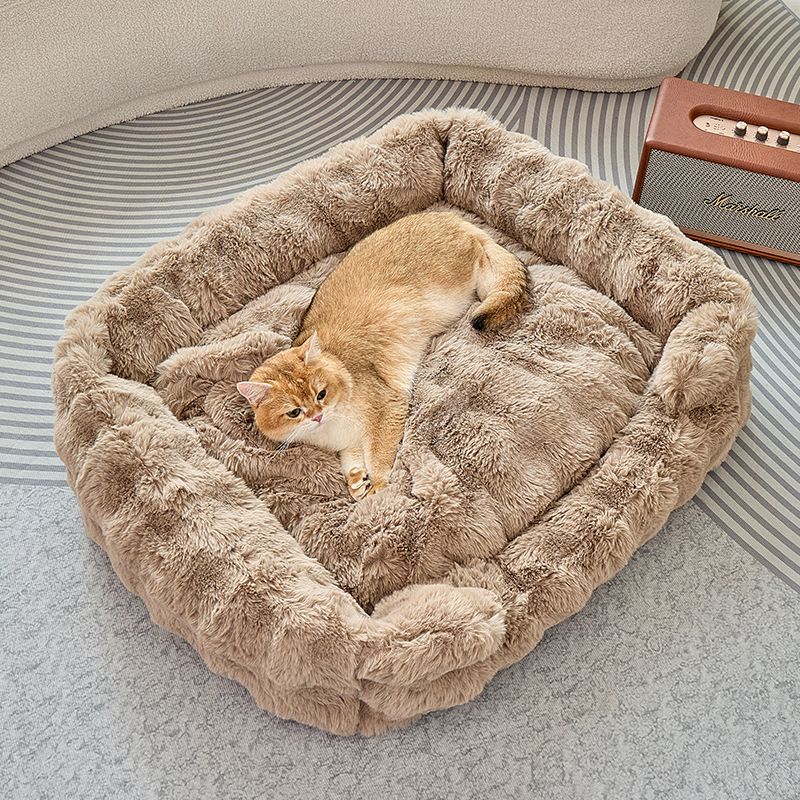 Brown Bubble Plush Pet Sofa Bed with Removable Cushion M Size 70*55*23 cm – Ultra-Soft Winter Thickened Warm Pet Nest with Raised Bolster Edges, Washable Plush