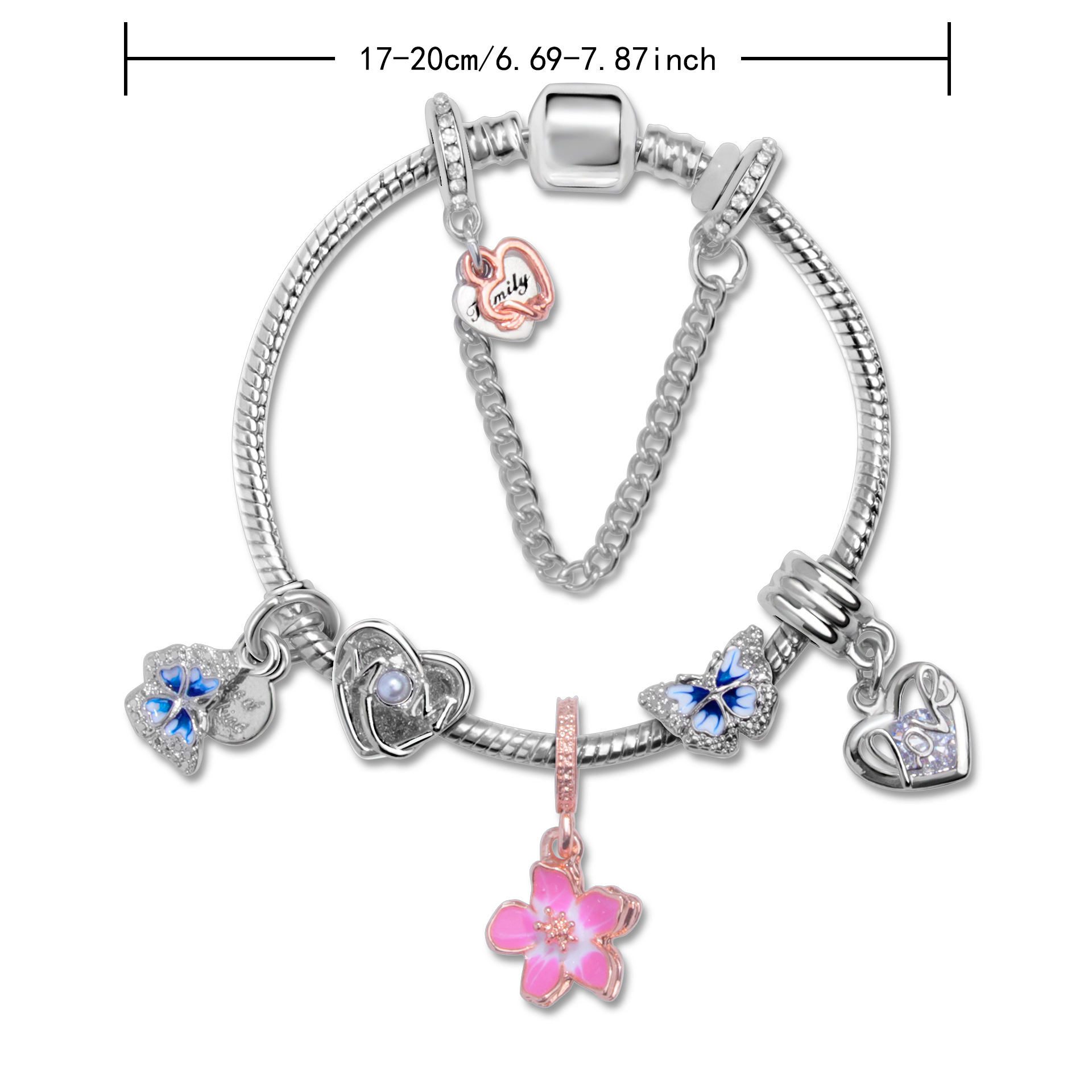 Blue Butterfly Glass Bead & Pink Flower Pendant Charm Bracelet(17cm) — image 2