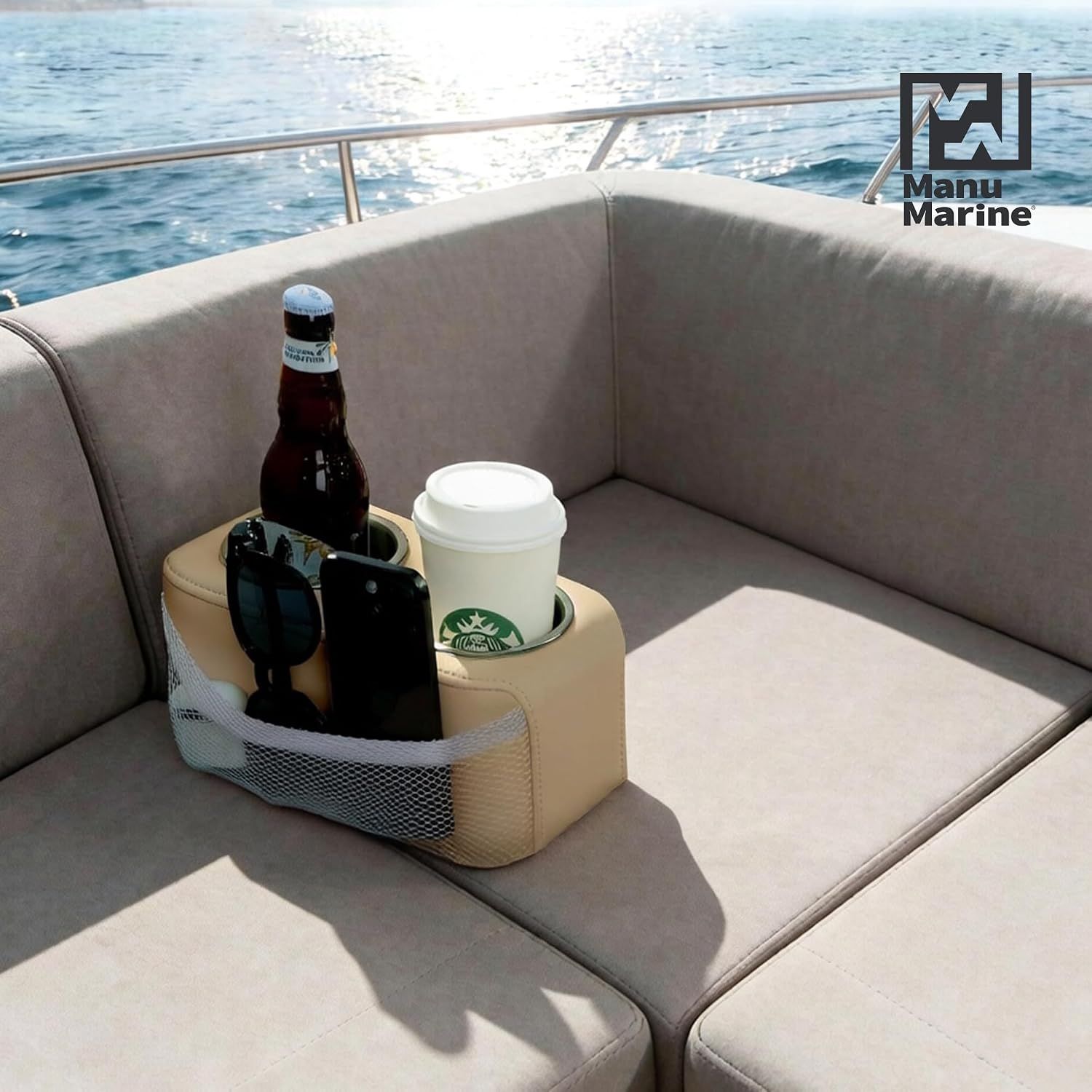 Stainless Steel Double Pontoon Cup Holder with Side Pocket, Marine Drink Holder for Boat Seats, RVs, Cars and Camping Chairs, Khaki โ image 6
