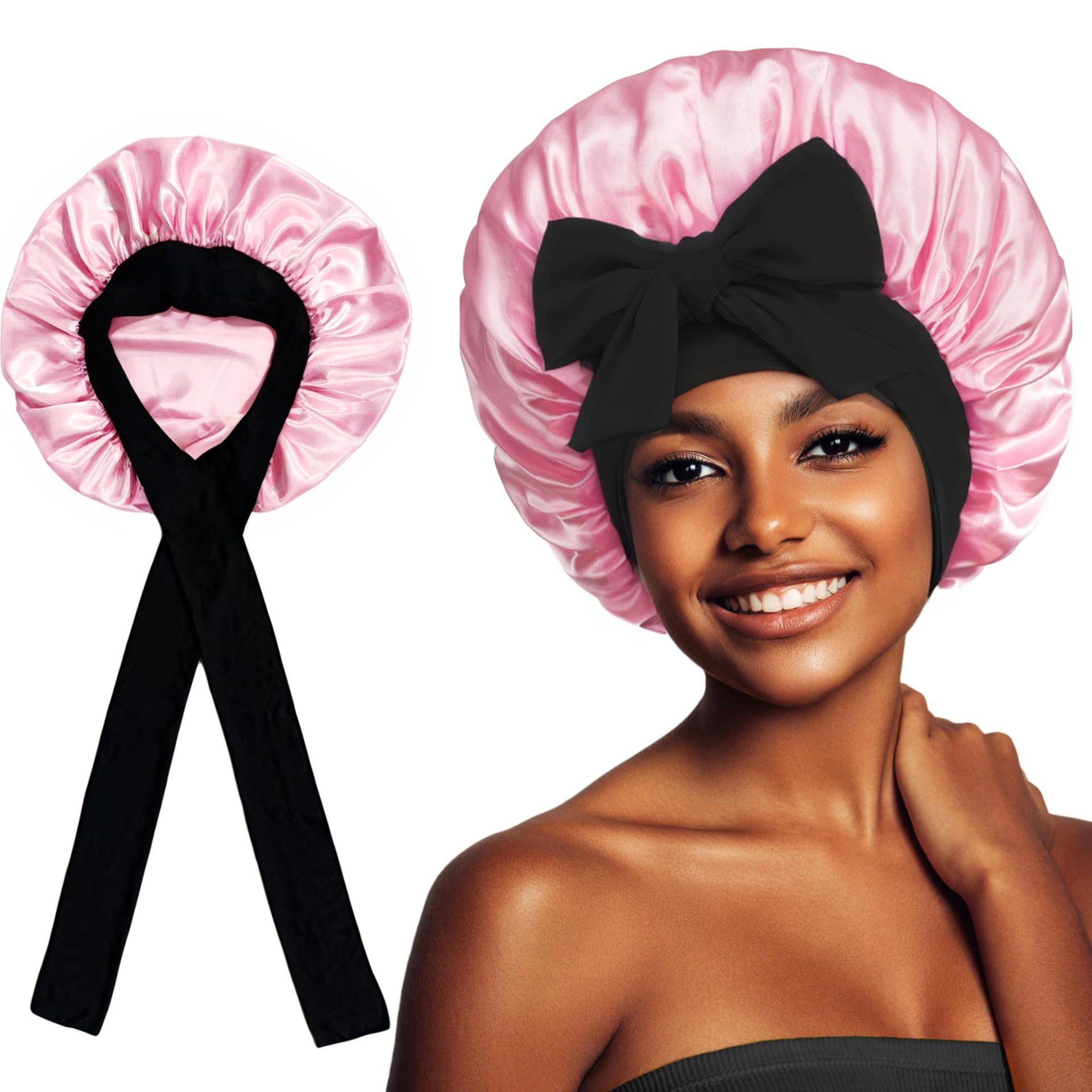 2-Pack Blue Satin Bonnet with Wide Band and Bow Tie - Hair Care Sleep Cap and Turban for Women β image 3