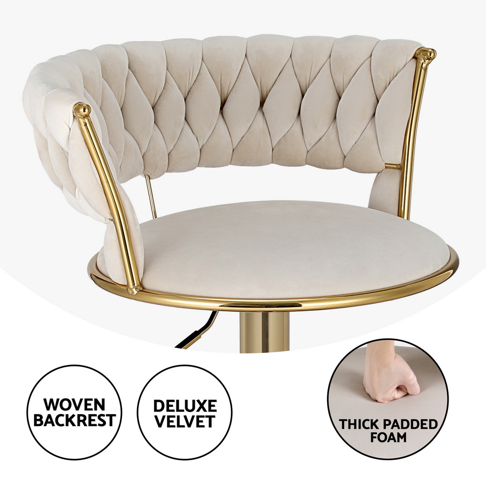 Artiss 4x Bar Stools Gas Lift Velvet Woven Backrest Ivory — image 4