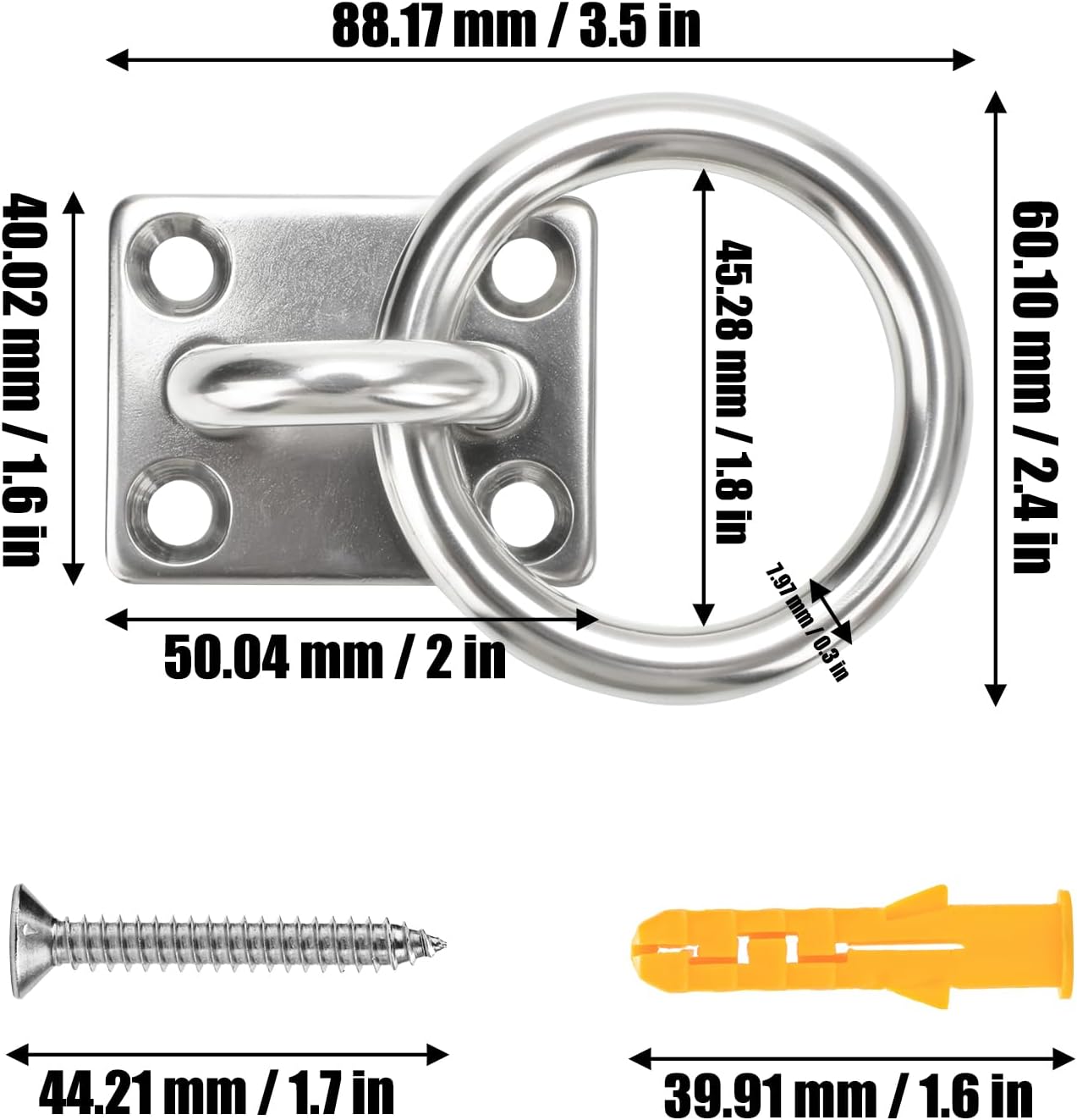 AccEncy 2Pcs M8 Stainless Steel Extra Large Heavy Duty Ring and Square Wall Mount Ceiling Indoor/Outdoor Hooks โ image 2
