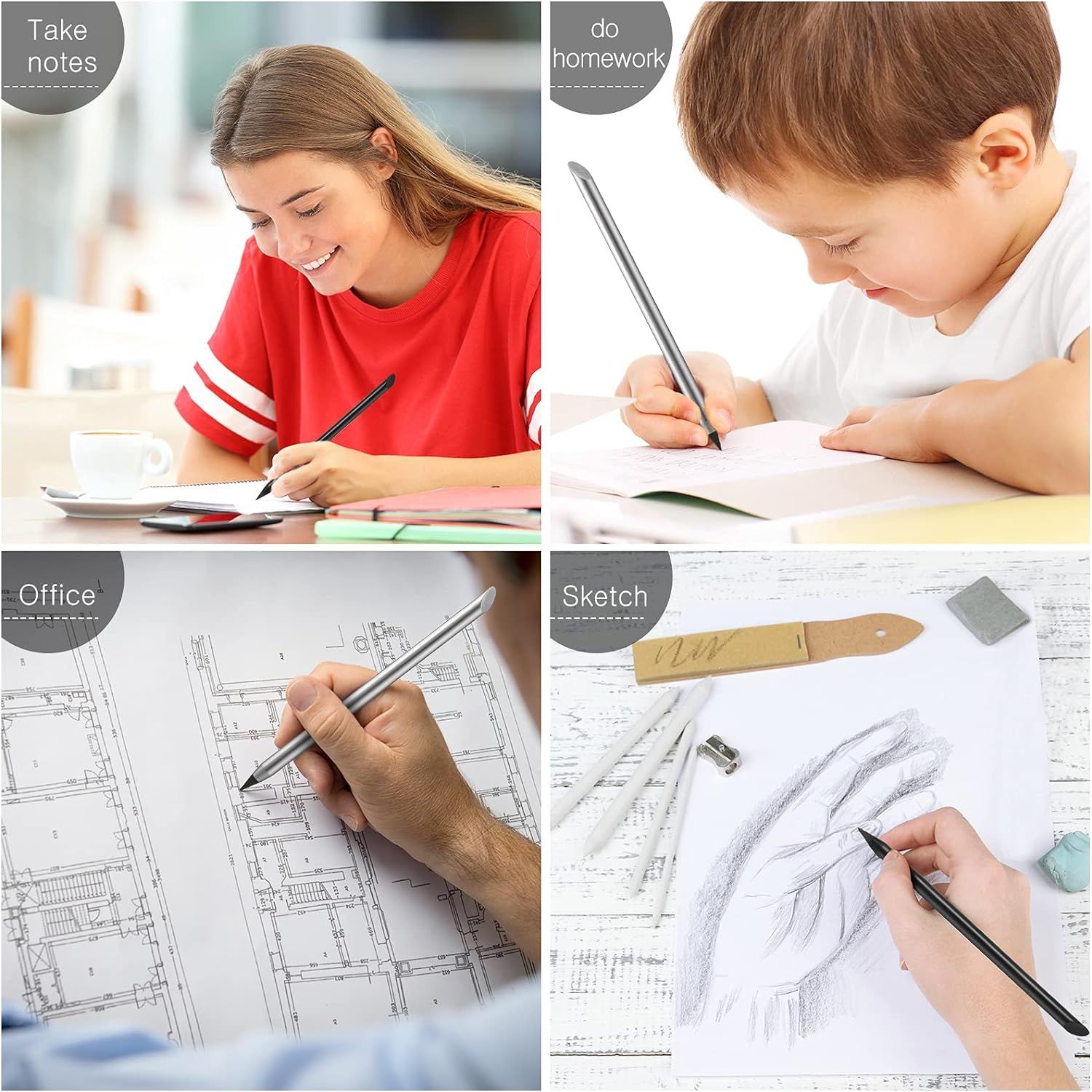 2 Pieces Metal Inkless Pen Inkless Erasable Pencil Metallic Pencil Aluminum Pencil for Writing, Drawing (Black and Silver) โ image 4