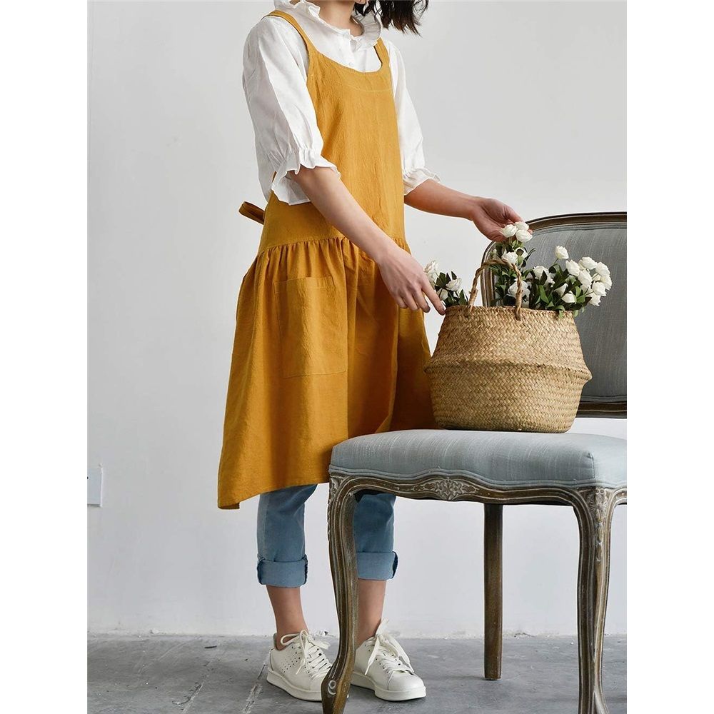 Women's cotton and linen apron with cooking and cleaning pockets, yellow, without waistband (ginger yellow) โ image 4