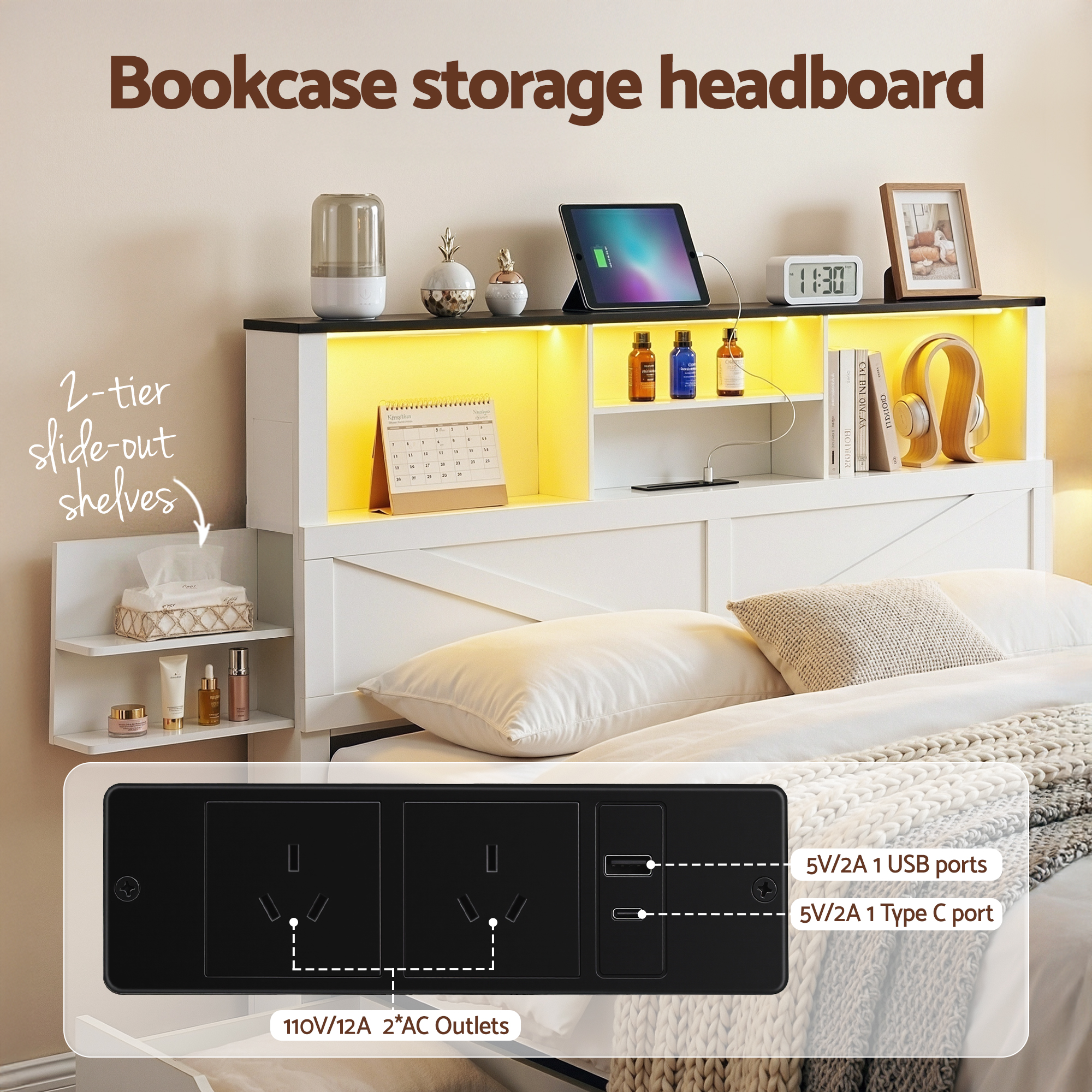 Artiss Double Bed Frame with Storage Drawers White Platform Bedframe with Bookcase Headboard Charging Station Led Light โ image 5