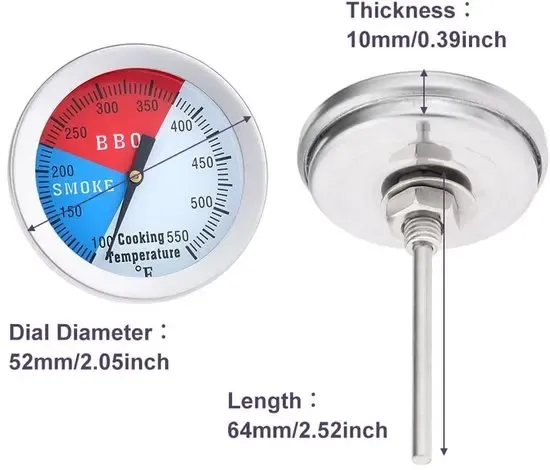 BBQ Grill Thermometer, Stainless Steel Large-Display Temperature Gauge for Smokers and Charcoal Grills, Silver, 52 mm