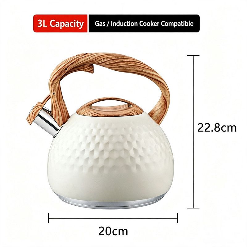 3L Hammered Stainless Steel Whistling Stovetop Kettle, Wood Grain Heat Insulated Handle, Universal for Gas & Induction Cooker, Large Capacity Water Boiler for