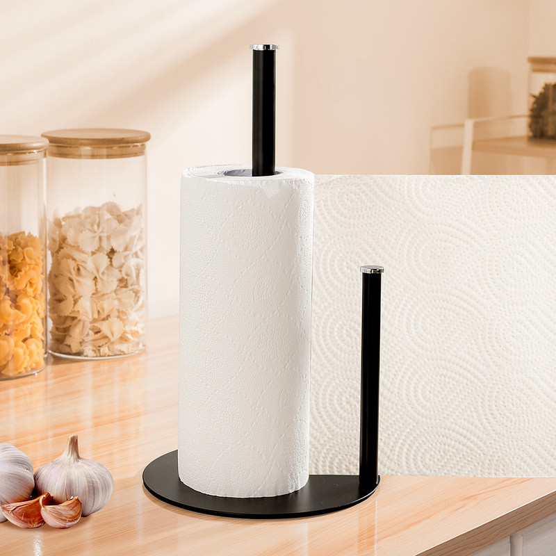 Iron Double Pole Paper Towel Holder for Kitchen Countertop Cling Film Storage Rack-Black โ image 2