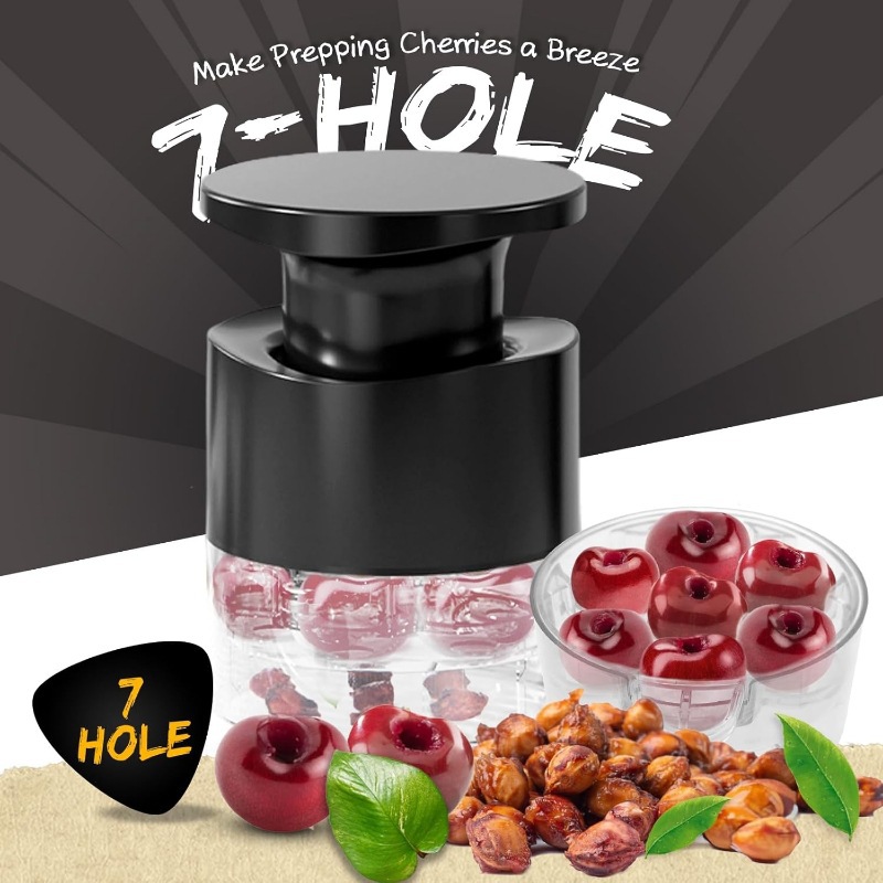 Black Efficient 7-Hole Cherry Pitter Tool - Food Grade Push-Type Fruit Corer for Red Dates & Olives โ image 2
