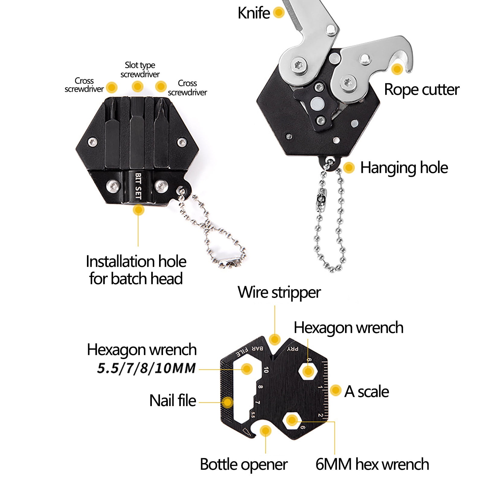 Hexagonal Multitool Keychain,Portable Pocket Tool with Folding Cutter,Screwdriver Set,Bottle Opener for Outdoor Hiking,Camping,Emergency Seat Belt โ image 4