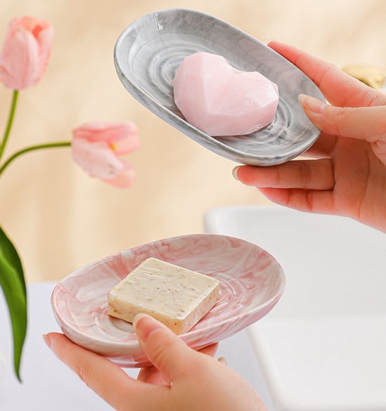 Soap Dish - Ceramic Soap Dish - Non-slip Marble Soap Dish - Bathroom Soap Holder - Suitable for Bathroom, Shower, Kitchen, and Travel - Pink — image 3