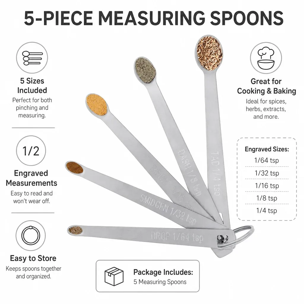 5 Pack Stainless Steel Mini Measuring Spoons for Kitchen Baking and Cooking — image 2