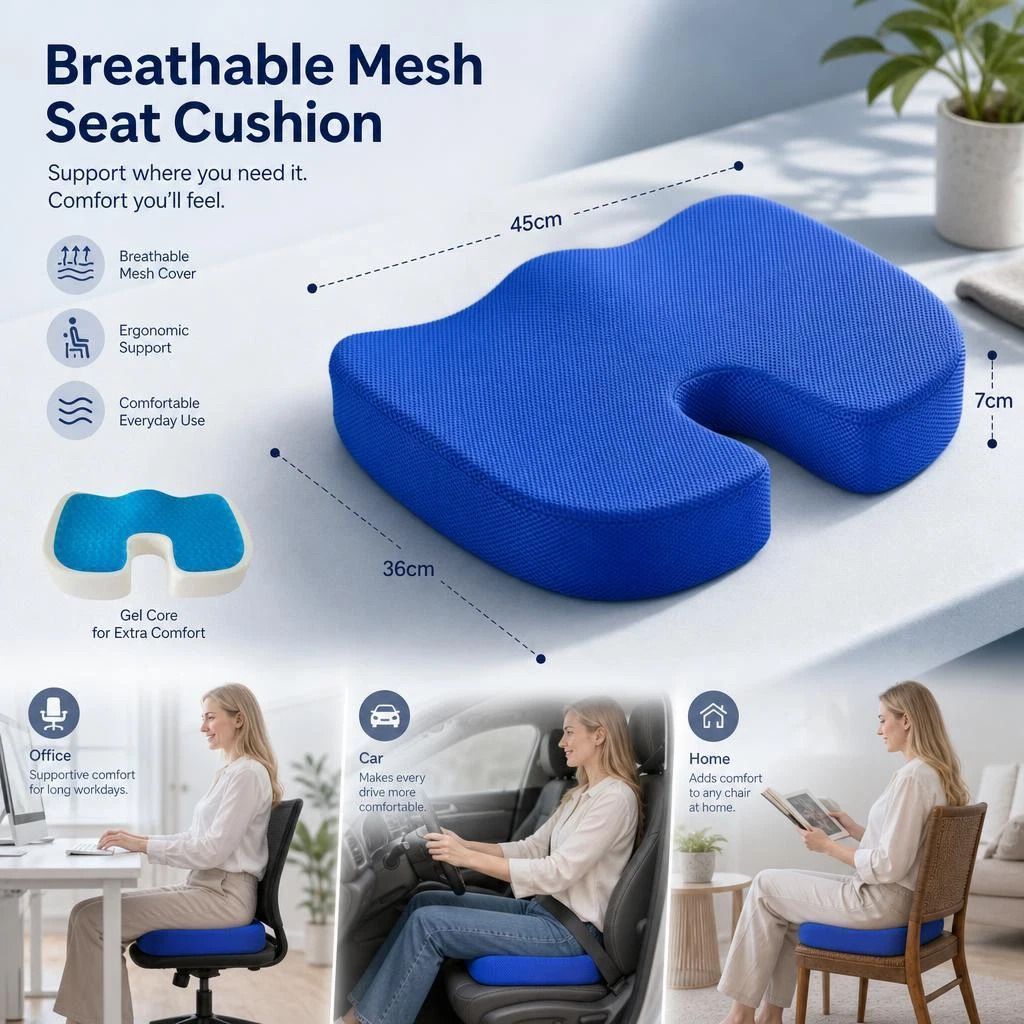 Gel Slow Rebound Cushion 45 × 36 × 7, Breathable Mesh Blue, Prevent Hip Soreness