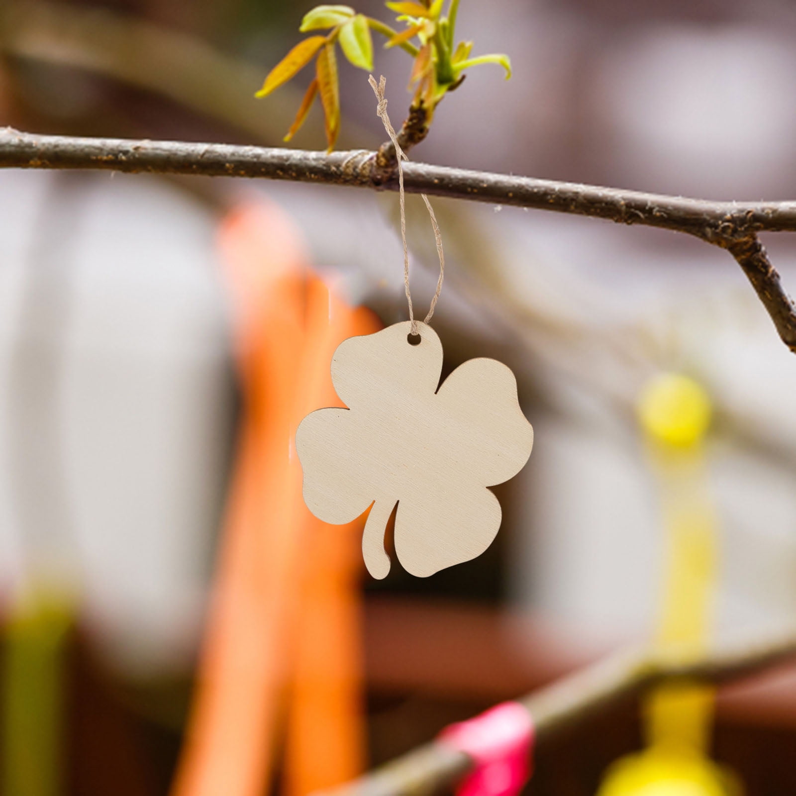 20pcs Four Leaf Ornaments Hanging Decor Unfinished Wooden Ornaments Wooden Shamrock Cutouts Wooden Slices Party Favors for DIY Crafts Beige — image 2