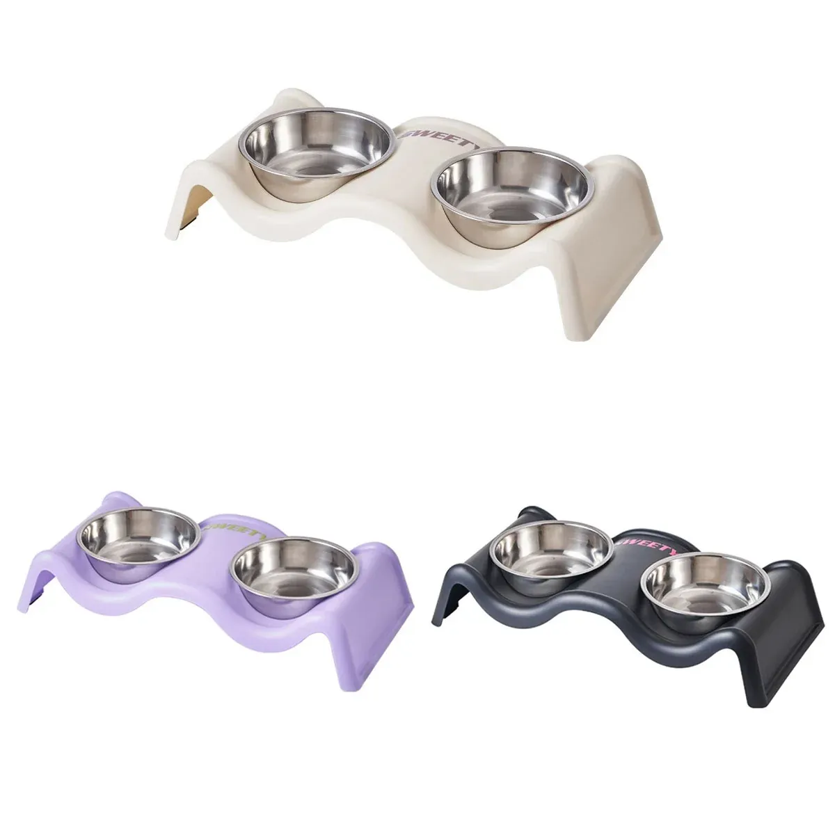Pet Bowls Stainless Steel Double Bowl Wavy Cat Dog Feeding Dish Nonslip Base - Black — image 3