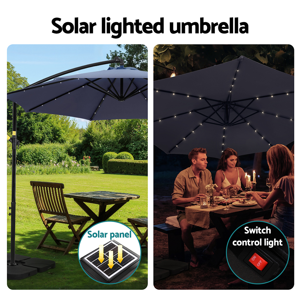 Instahut Outdoor Umbrella 3M Cantilever Beach LED w/Base Garden Shade Patio Navy — image 4