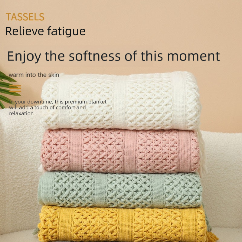 Beige Elegant Openwork Knitted Throw Blanket with Tassels - 130x230cm Large Decorative Soft Sofa Blanket for Living Room & Bedroom - Breathable Cozy Cover for β image 3