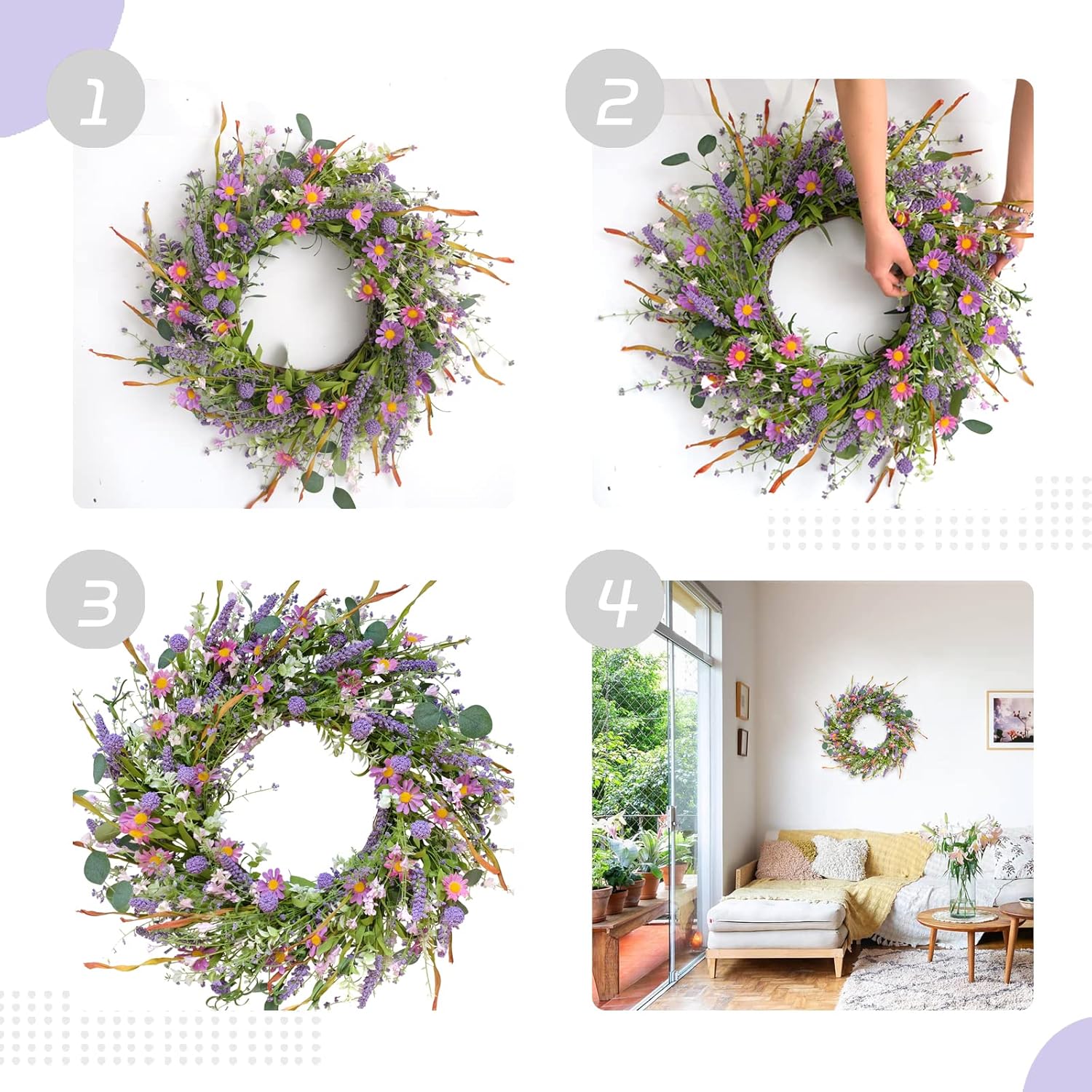 24 Inch Spring and Everyday Greenery Wild Flower Wreath for Front Door, Mixed Green Leaves and Flower Wreath for Indoor and Outdoor Use, Everyday Home Decor — image 3