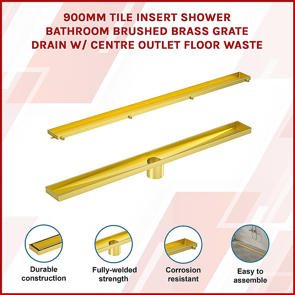 900mm Tile Insert Bathroom Shower Brushed Brass Grate Drain w/ Centre outlet Floor Waste โ image 3
