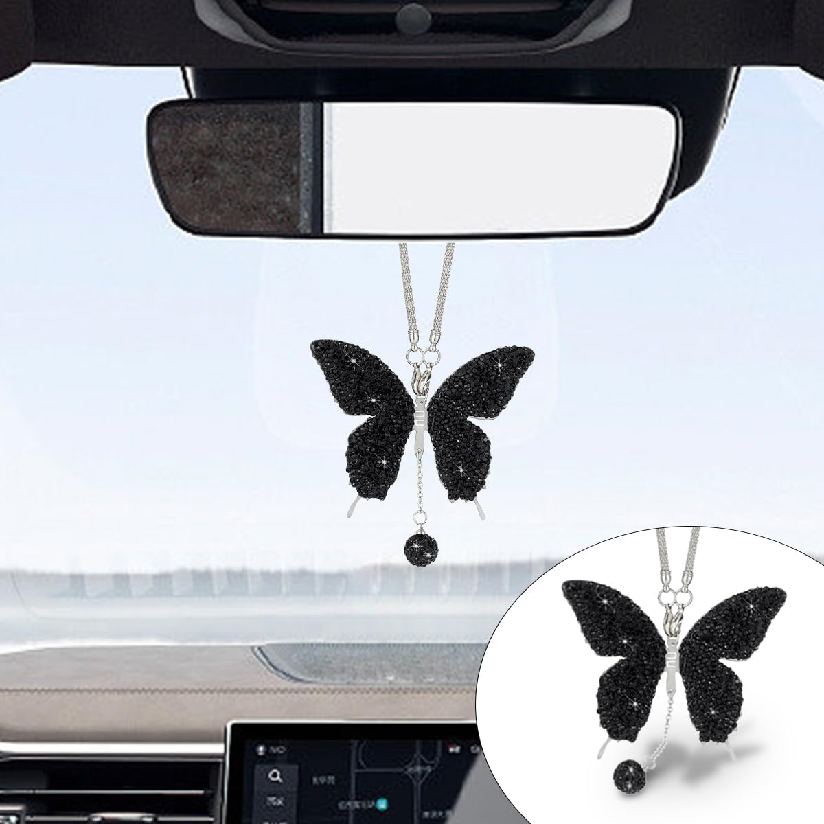 Bling Butterfly Diamond Car Hanging Accessories, Crystal Car Rear View Mirror Charms Car Decorative Accessories for Women, Lucky Presents Hanging Ornament