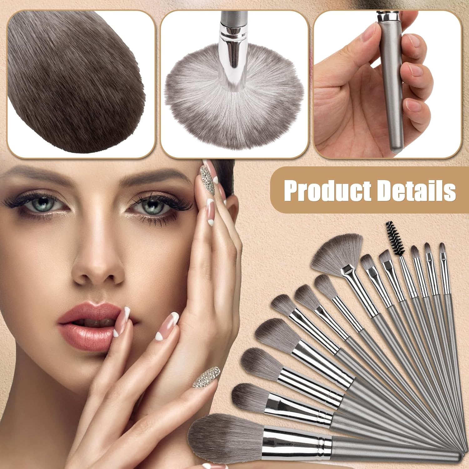 Makeup Brushes, 14 Pcs Professional Makeup Brush Set, Eye and Face Foundation Brush Set, Eyeshadow Brushes, Cosmetic Brushes, with PU Bag, Grayish — image 5