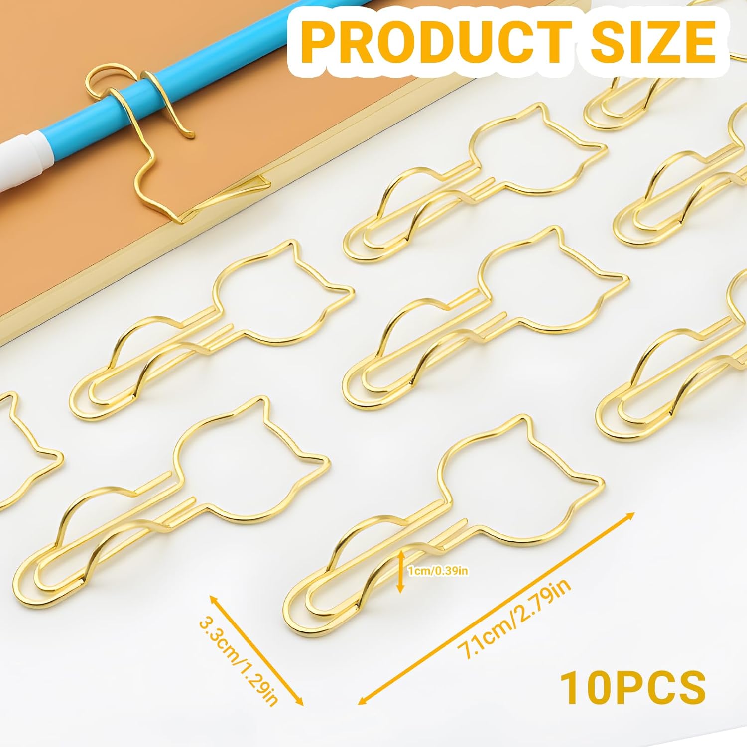 10-Pack Metal Pen Clips - Cute Cat Shaped Gold Paperclip Pen Holder for Notebooks and Papers - Metal Pen Clip Holder and Pen Holder Clip - School Office