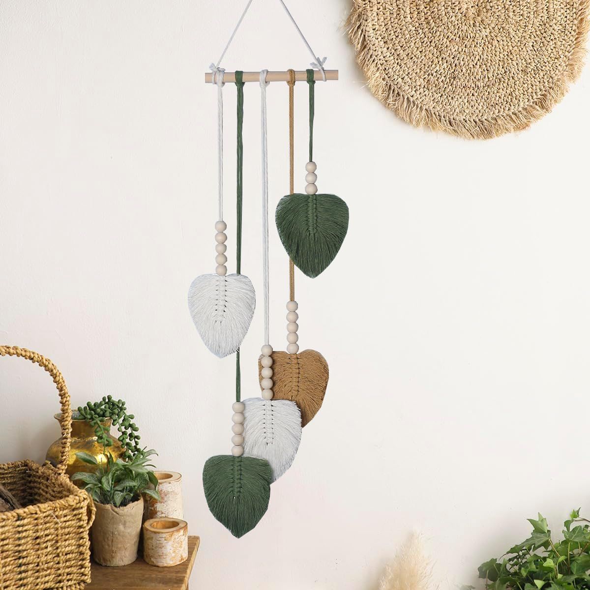 Wall Hanging Decor Leaves Tapestry, Boho Wall Decor Woven Feather Handmade Yarn Tassels Leaf Macrame Wall Art Decorations for — image 2