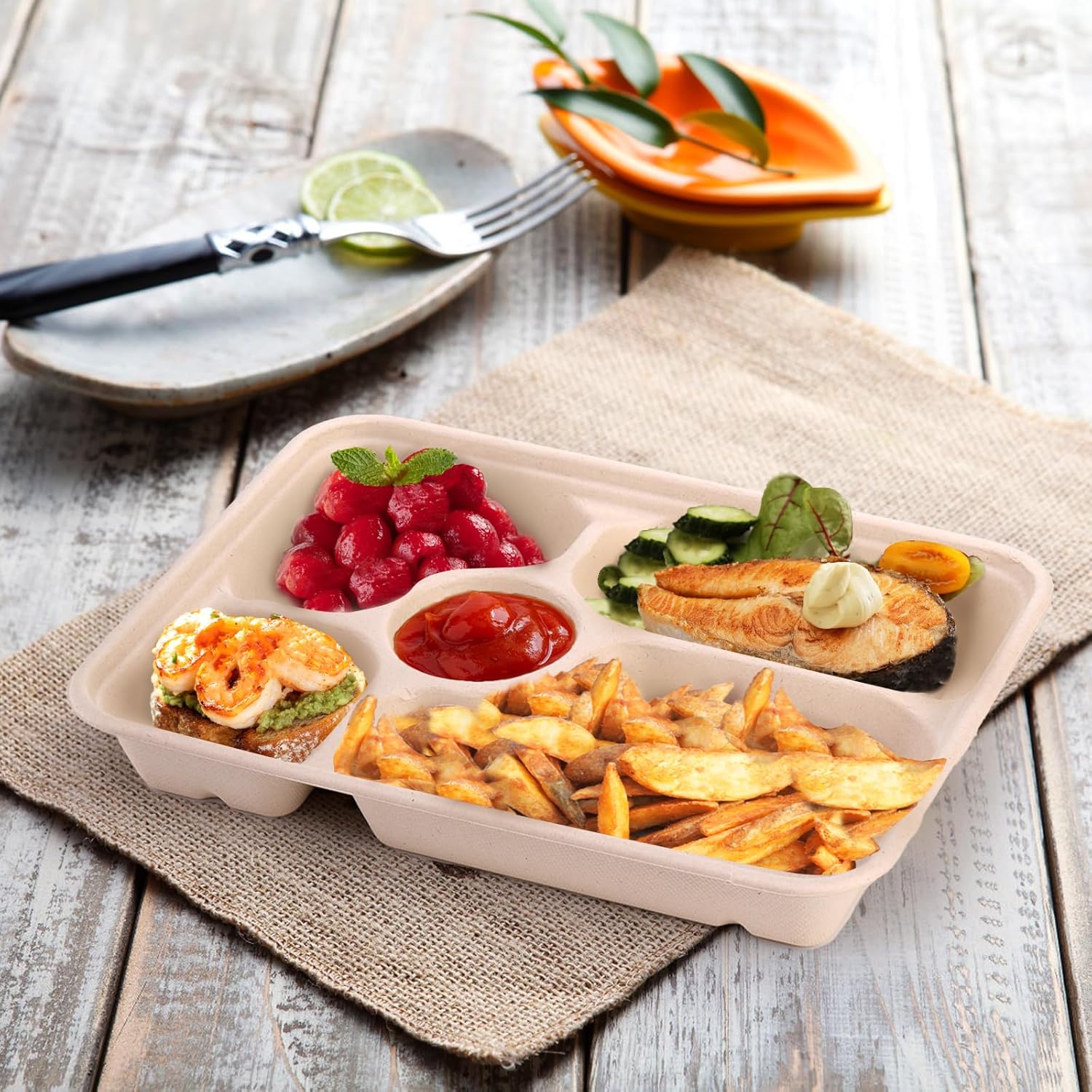 50 Pack 5 Compartment Disposable Paper Plates, 11" x 8" Compostable Bagasse School Lunch Tray, Heavy-Duty Sectional Sugarcane Plate, Divided Platter Tray for — image 6