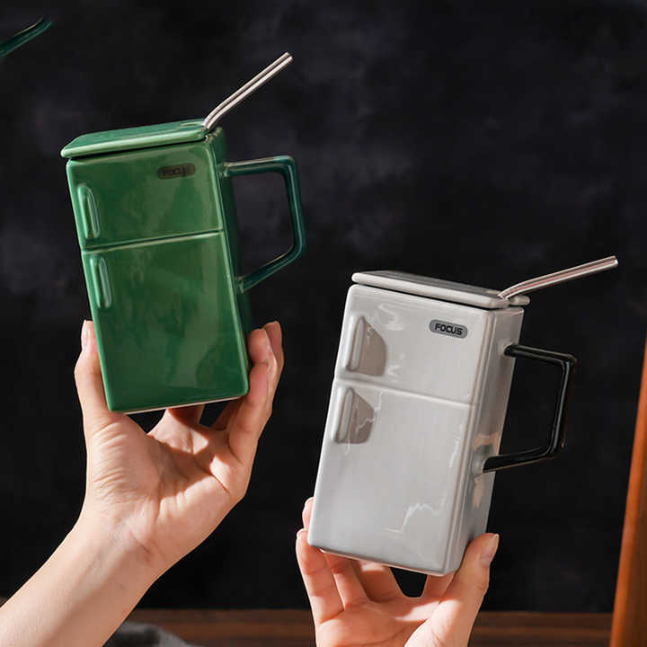 Yellow Creative Retro Refrigerator Ceramic Mug with Lid and Straw - 550ml Coffee Cup - Unique Gift for Couples or Office Use โ image 2