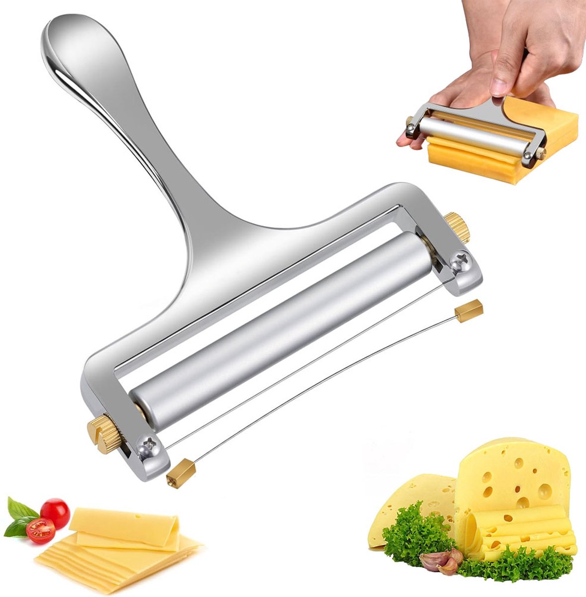 Cheese Slicer - Cheese Slicer for Young Cheese - Stainless Steel - Dishwasher Safe - Includes 1 Extra Cutting Wire - Adjustable Thickness - For Hard Cheese
