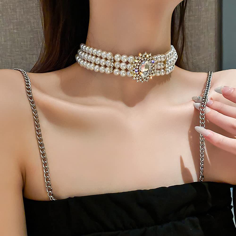 Pearls Short Choker Necklace Chain Multilayer Choker Pendant Necklaces Prom Party for Women and Girls 3 Tier — image 3