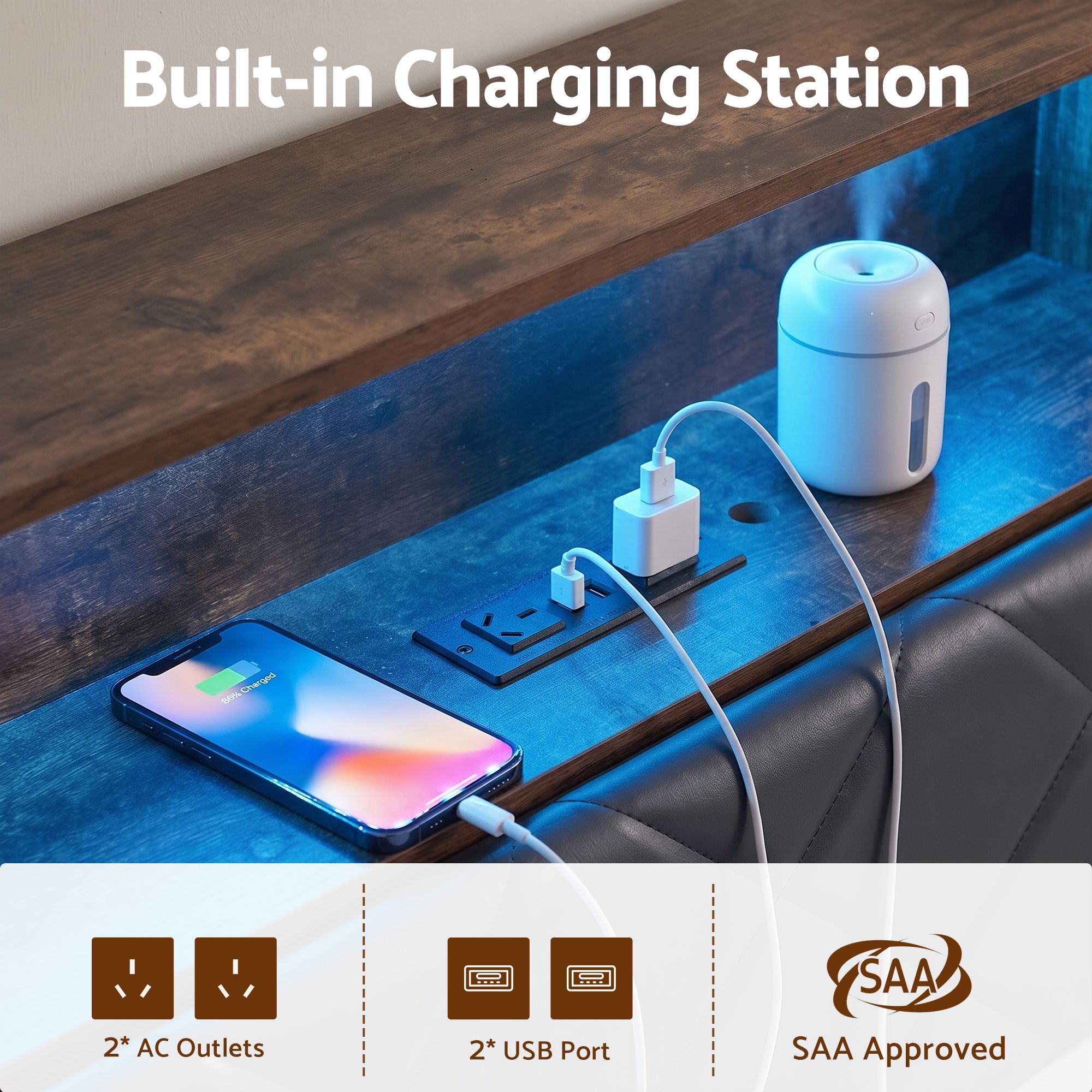 Artiss King Bed Frame with LED Lights and Storage Headboard Charging Station — image 4