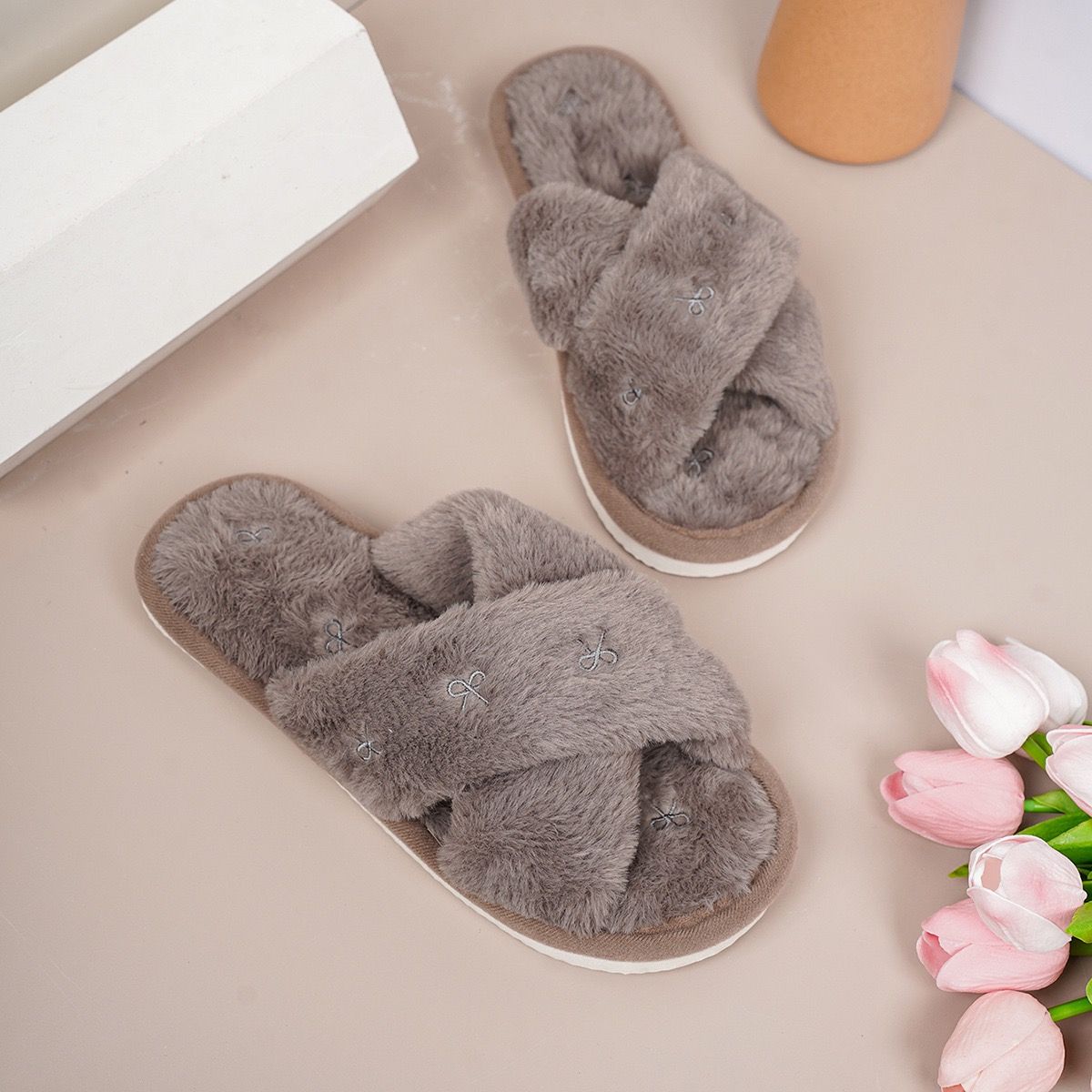 Cozy Cross-Band Plush Slippers with Embroidered Bow, Non-Slip Indoor & Outdoor Wear for Women, Soft Fleece Lining for Warmth and Comfort (L(40-41), Black) — image 5