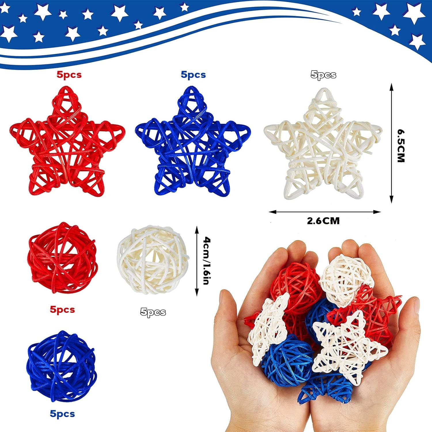30 Pcs 4th o July Rattan Ball Decorations, Patriotic Red Blue White Stars or USA 250th Anniversary Home Decor Memorial Independence Day Crat Vase Bowl iller โ image 3