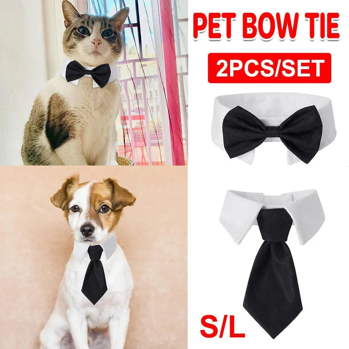2pcs Pet Bow Tie Collar Dog Cat Suit Dress Accessories Adjustable Neck Strap - L — image 2