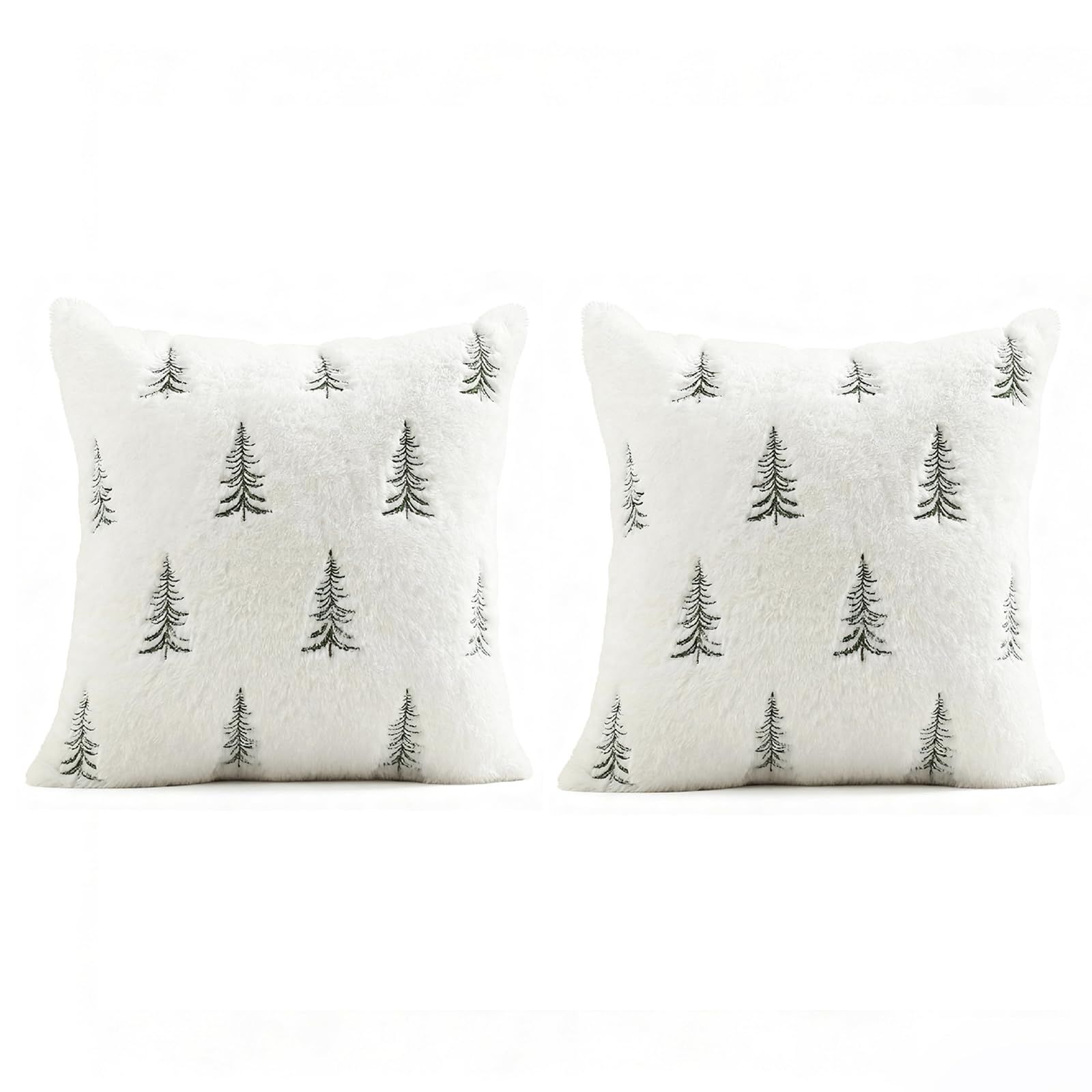 Christmas Pillow Covers 18x18 inch Set of 2 Green Embroidered Christmas Tree Decoration Beige Soft Plush Faux Fur Jacquard Throw Pillows for Bedroom Sofa
