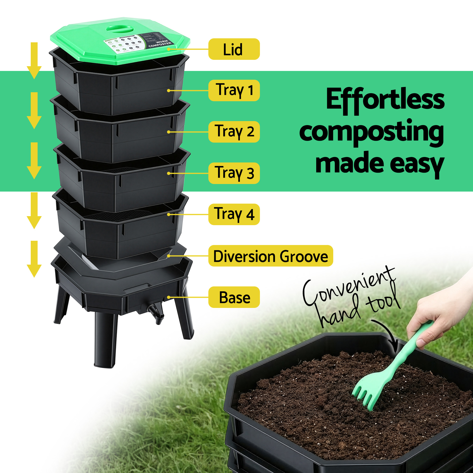 Gardeon Compost Bin 4-Tray Stackable Worm Farm Composter with Liquid Fertiliser Tap โ image 4