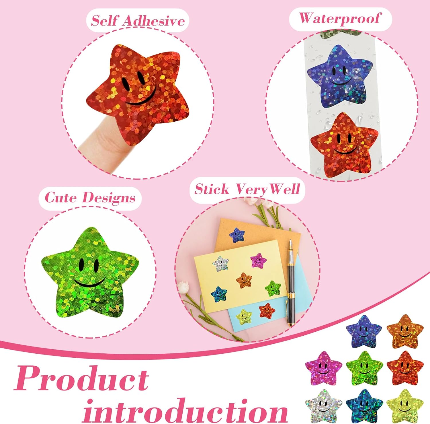 700Pcs Smiley Face Star Stickers for Kids Reward,1inch 8 Colored Sparkly Foil Star Stickers for Student Planner and School Classroom Teacher Supplies 3.15inch — image 5