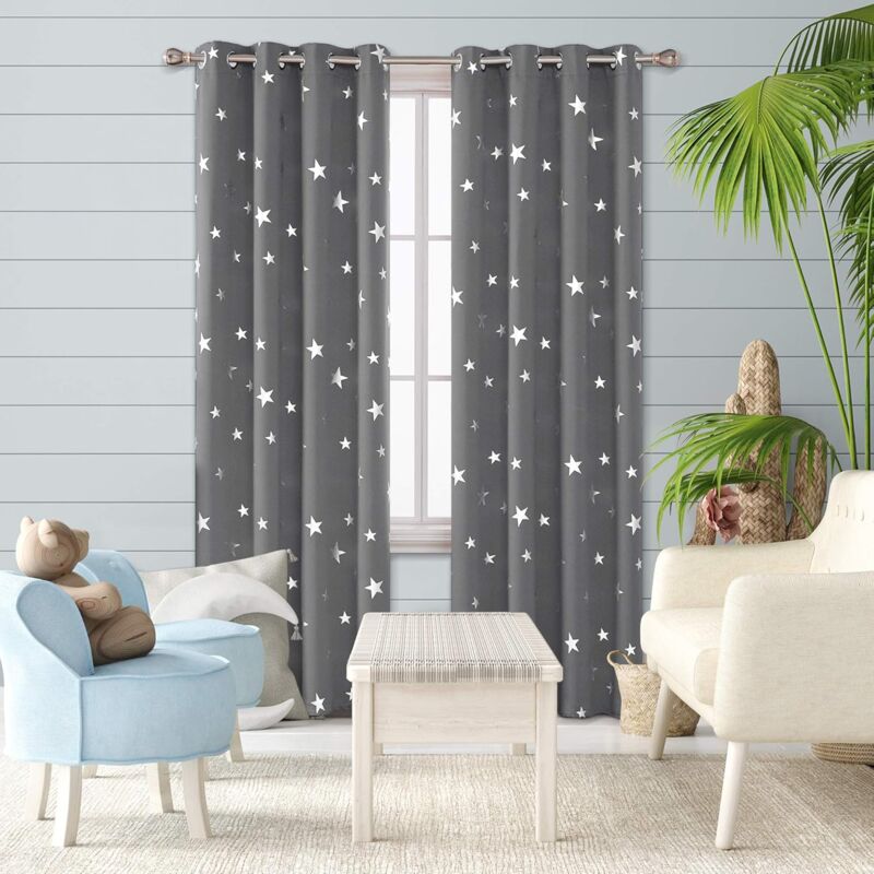 2 pcs Set Thermal Blackout Curtains Anti Cold Silver Star Pattern Eyelet Curtains 132 × 245Cm Light Grey — image 3