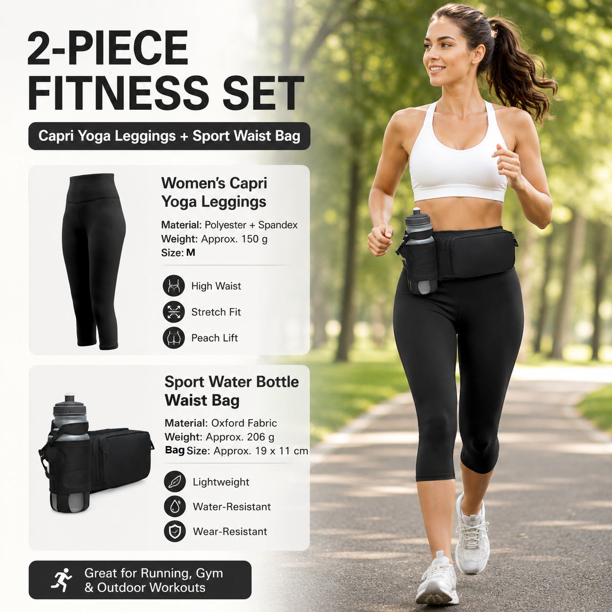 Winter Fitness Bundle - Black M size Women's High Waist 3/4 Yoga Leggings with Peach Hip Lift and Black Waterproof Sports Waist Bag with Bottle Holder for