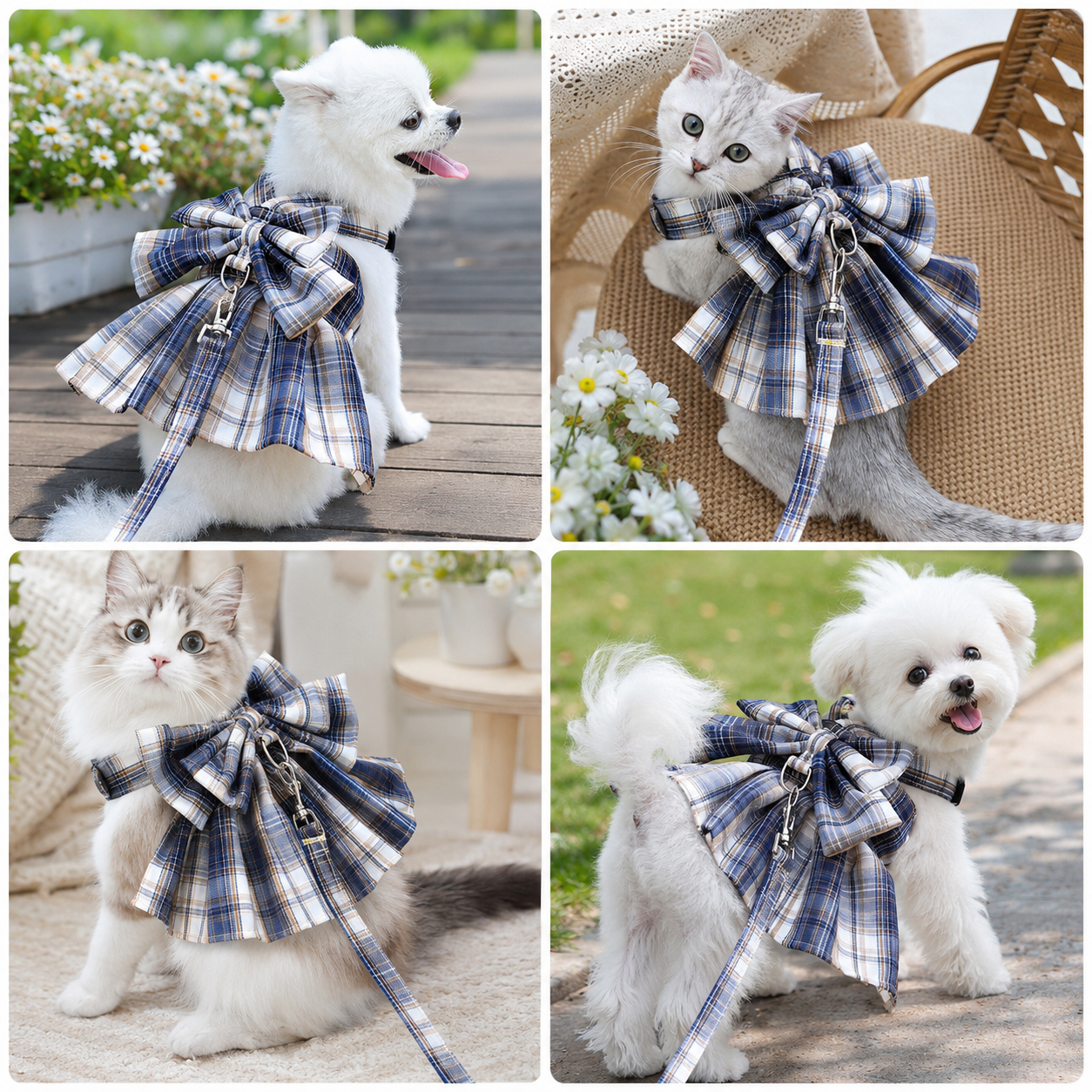 Navy Blue Plaid Pet Harness Dress with Leash for Small Dogs and Cats XS Size Bow Design Vest Outfit Walking Accessory — image 2