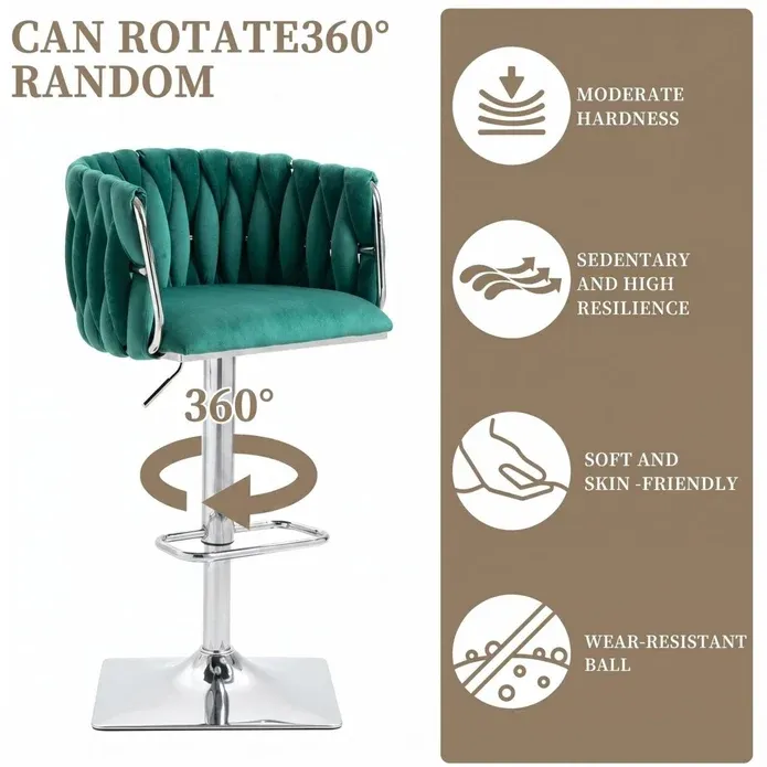 SERENITà Modern Velvet Breakfast Bar Stools Swivel Barstools Adjustable Counter Stools with Backrest (Silver-Emarald Green) — image 2