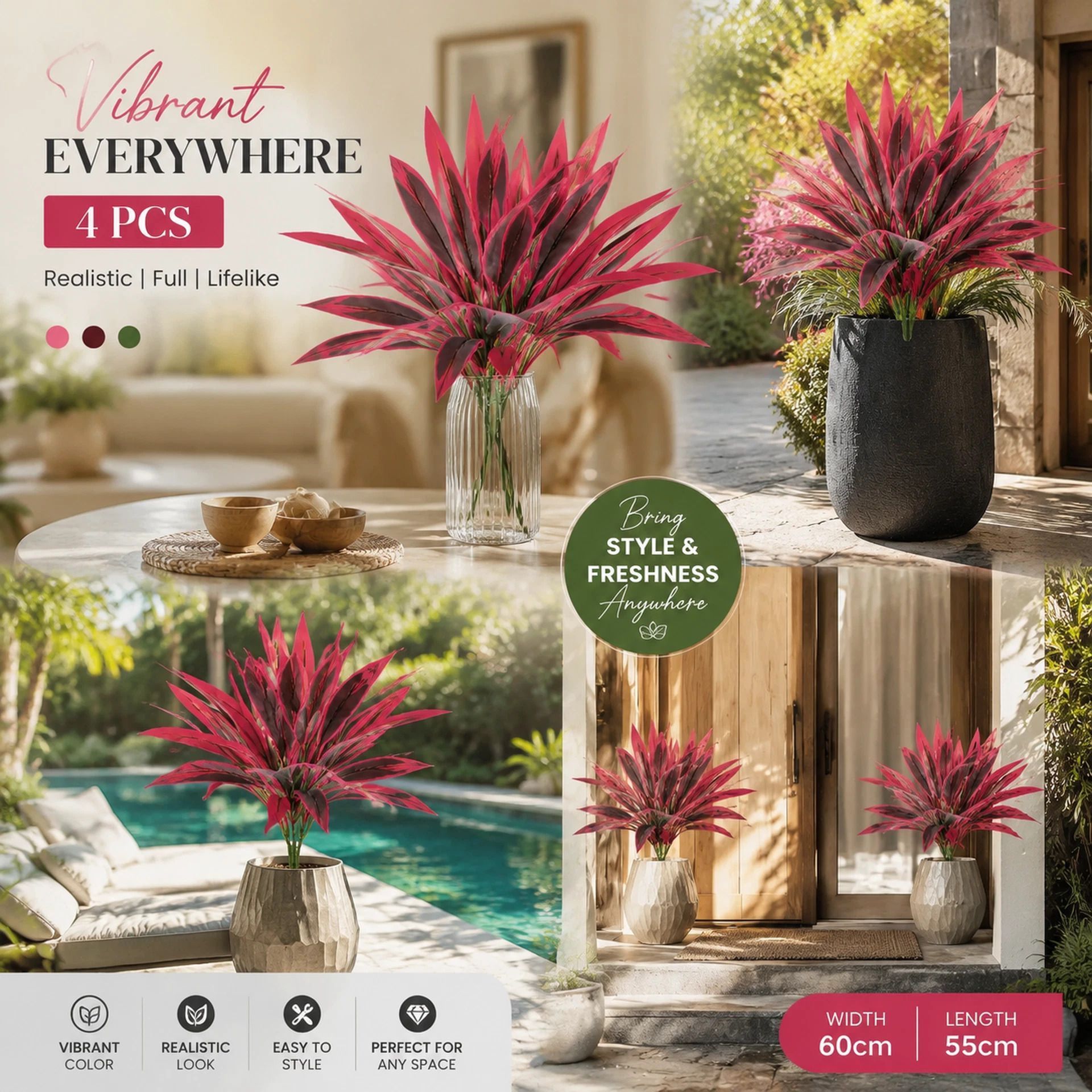 Purple Faux Brazil Wood Dracaena Indoor Greenery Ornament 4 Pack