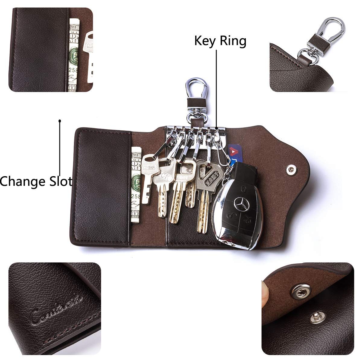 Car Key Case for Men and Women Small Leather Key Holder Key Cover with 6 KeyChains （brown）Key Holder Case, Large Capacity Leather Key Case Wallet — image 4