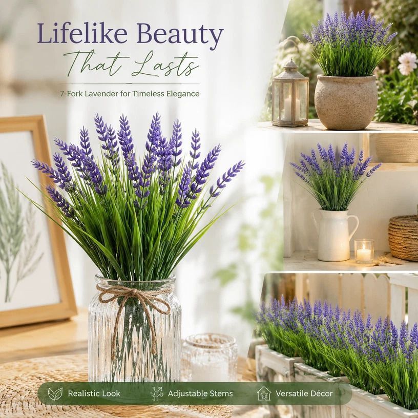 Purple 7 Branch Artificial Lavender Spring Grass Floral Display Stems 6 Pack — image 3