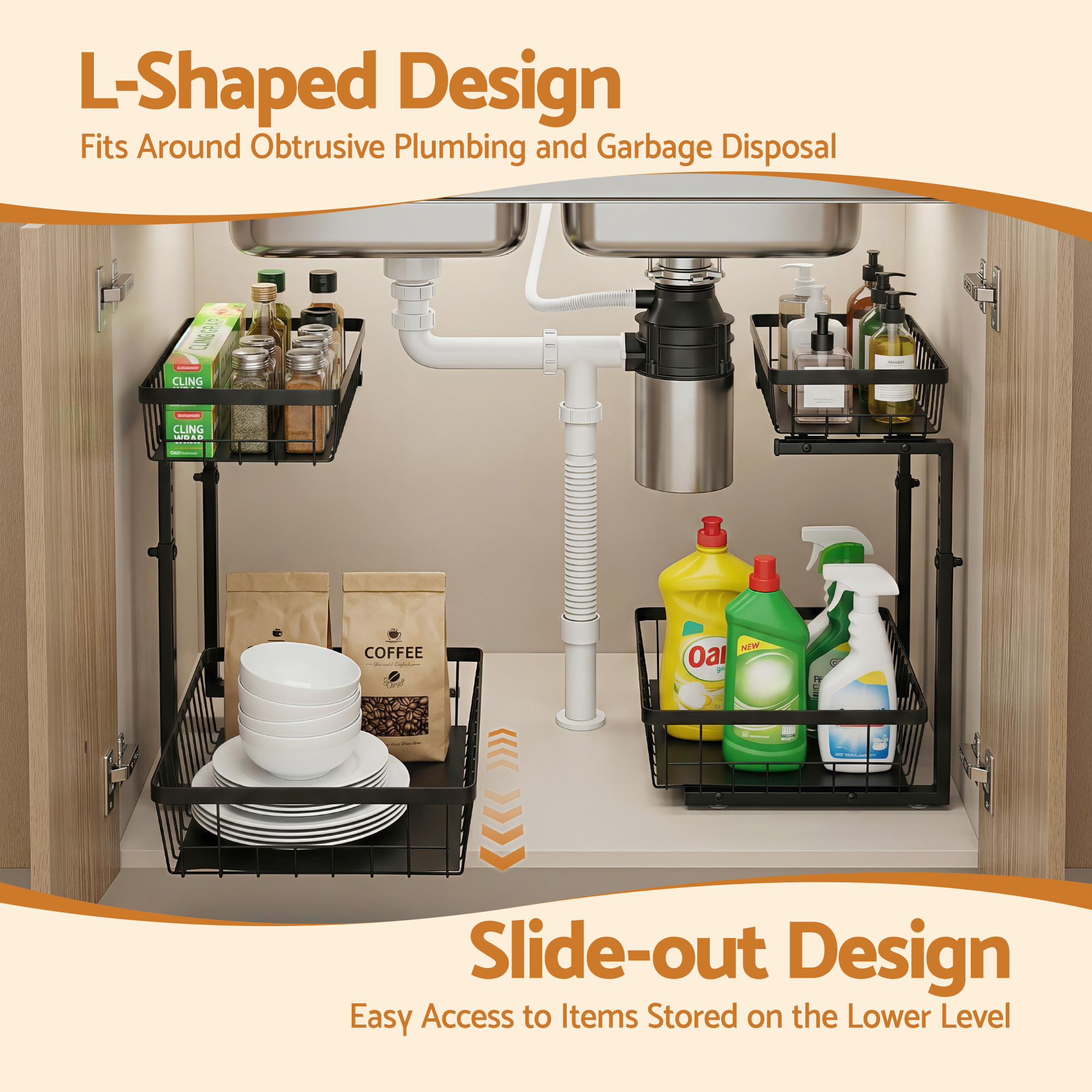 Artiss Under Sink Organizer Storage with 2 Slide Out Drawers 5 Adjustable Height Bathroom Kitchen Cabinet Black โ image 4