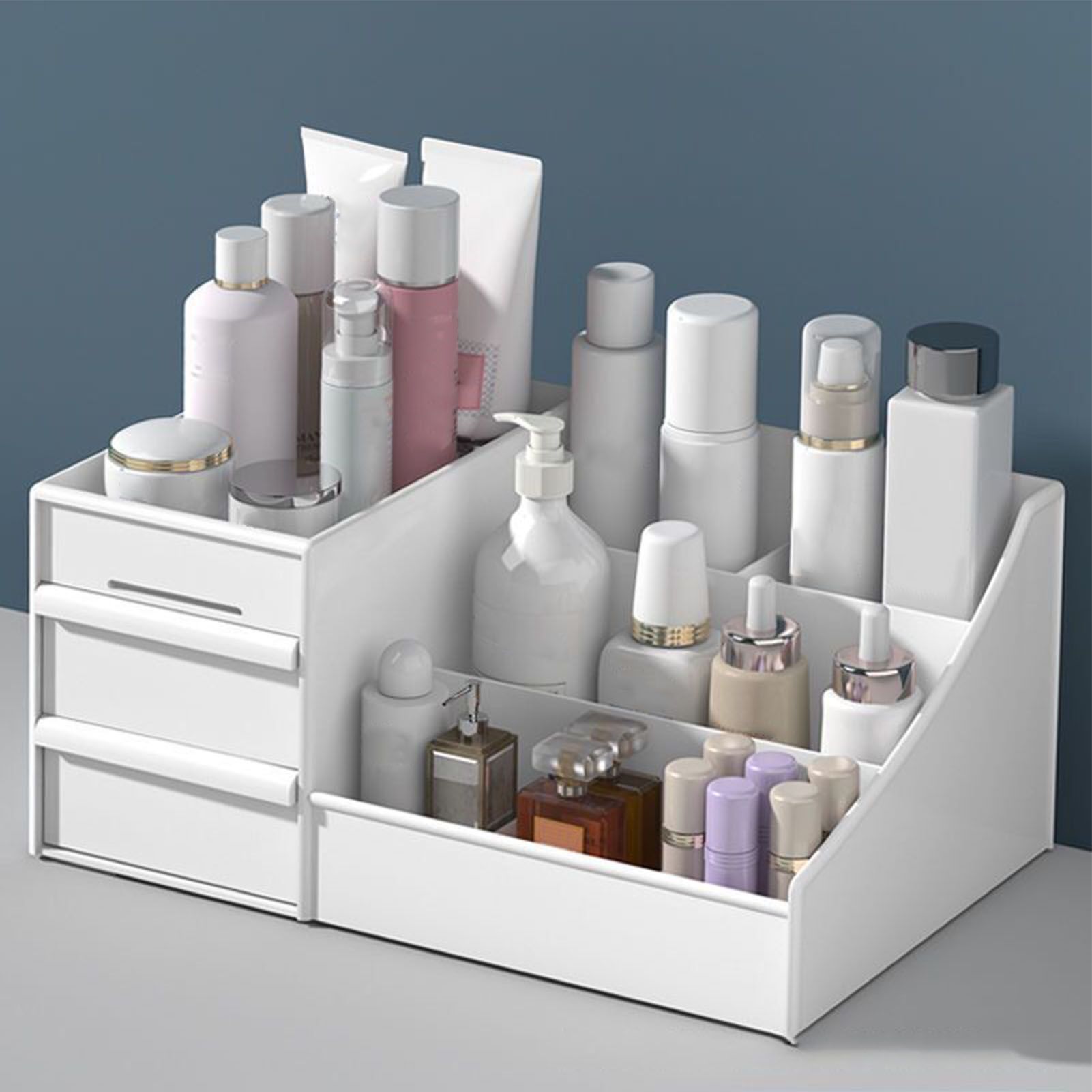 Makeup Organizer for Vanity Large Capacity Cosmetics Storage Box with Drawers for Cosmetics Lipsticks Nail Care Skincare White — image 6