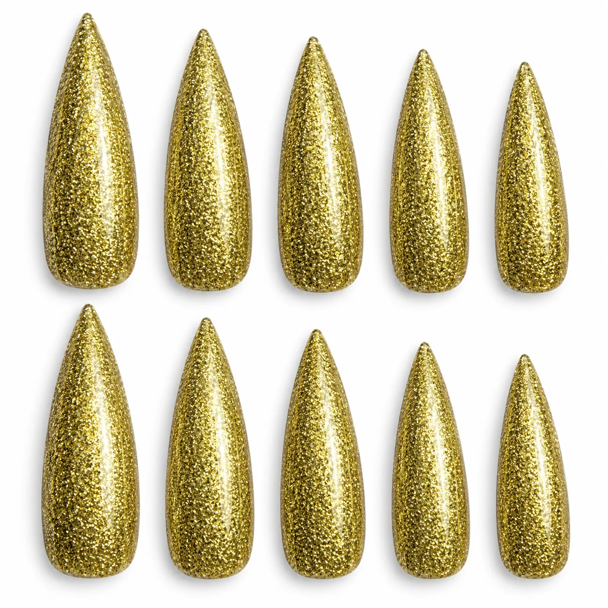 10x Long Halloween Glitter Painted Stick-On Nails Party Costume Vampire Witch - Gold